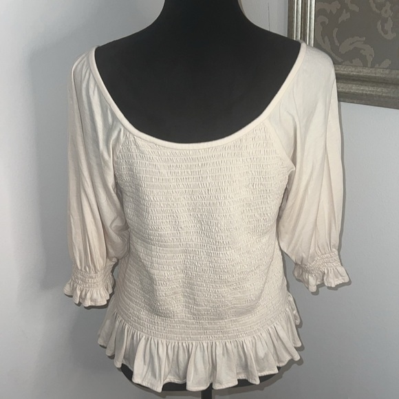 Ann Taylor cream smocked short sleeves cotton modal blend pull over top Sz L - Picture 4 of 7